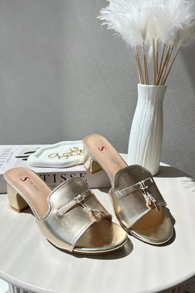 Damskie Boto Klapki Damskie Z Eko Skóry Na Obcasie Złote Jemenna