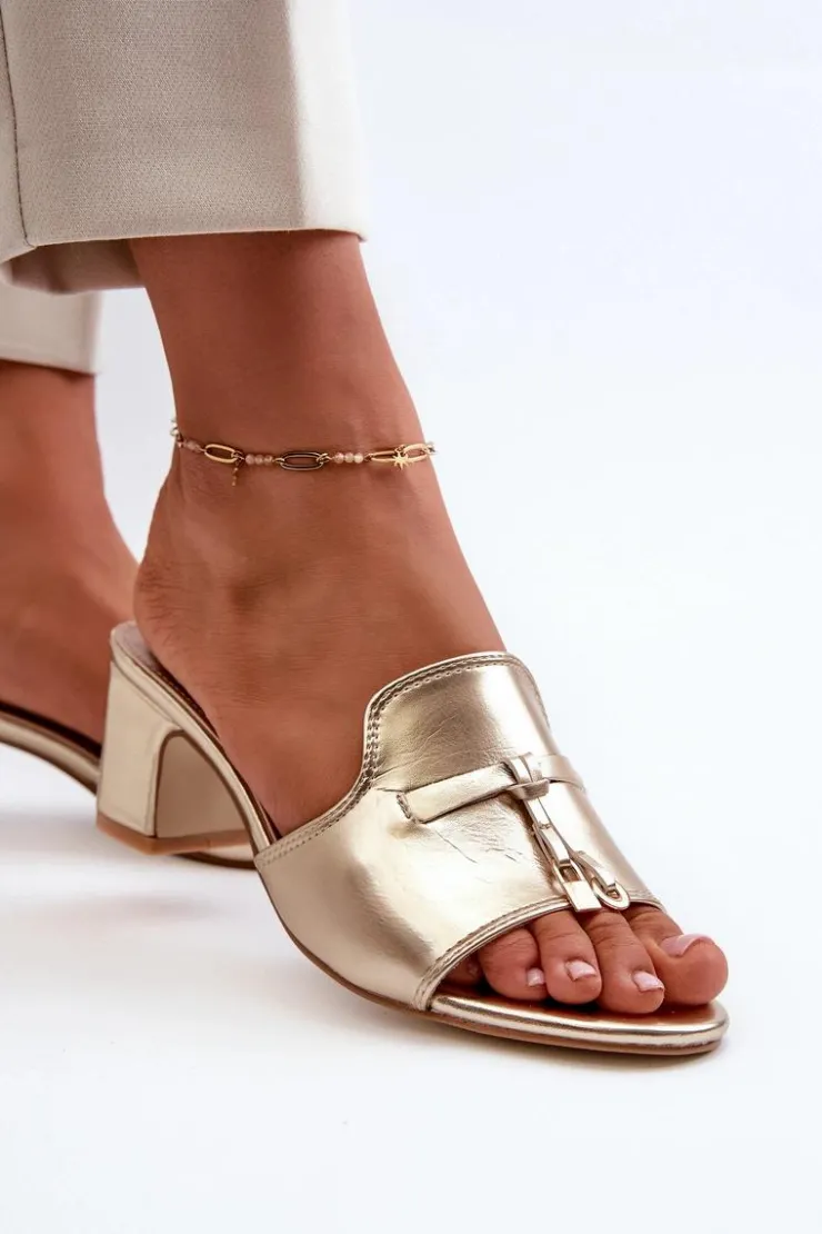 Damskie Boto Klapki Damskie Z Eko Skóry Na Obcasie Złote Jemenna