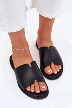 New Evento Klapki Damskie Z Eko Skóry Na Płaskim Obcasie Czarne Kalimira