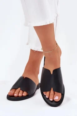 New Evento Klapki Damskie Z Eko Skóry Na Płaskim Obcasie Czarne Kalimira