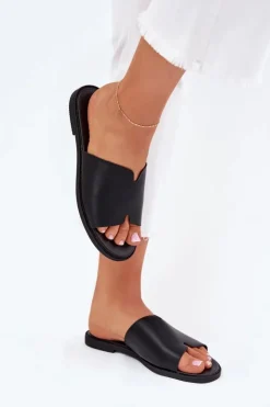 New Evento Klapki Damskie Z Eko Skóry Na Płaskim Obcasie Czarne Kalimira