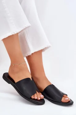 New Evento Klapki Damskie Z Eko Skóry Na Płaskim Obcasie Czarne Kalimira