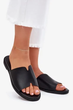 New Evento Klapki Damskie Z Eko Skóry Na Płaskim Obcasie Czarne Kalimira