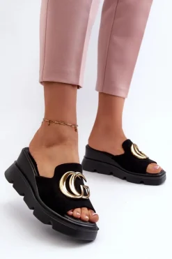 Buty damskie Vinceza Klapki Na Platformie|Klapki Damskie Klasyczne*Klapki Damskie Z Eko Zamszu Na Koturnie I Platformie Ze Złotą Ozdobą Vinceza 58295 Czarne