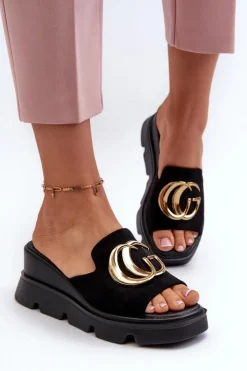 Buty damskie Vinceza Klapki Na Platformie|Klapki Damskie Klasyczne*Klapki Damskie Z Eko Zamszu Na Koturnie I Platformie Ze Złotą Ozdobą Vinceza 58295 Czarne