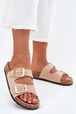 Outlet Boto Klapki Damskie Z Eko Zamszu Złote Klamry Beżowe Vorella