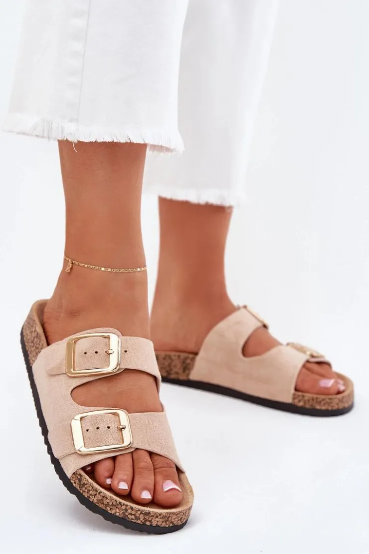 Outlet Boto Klapki Damskie Z Eko Zamszu Złote Klamry Beżowe Vorella