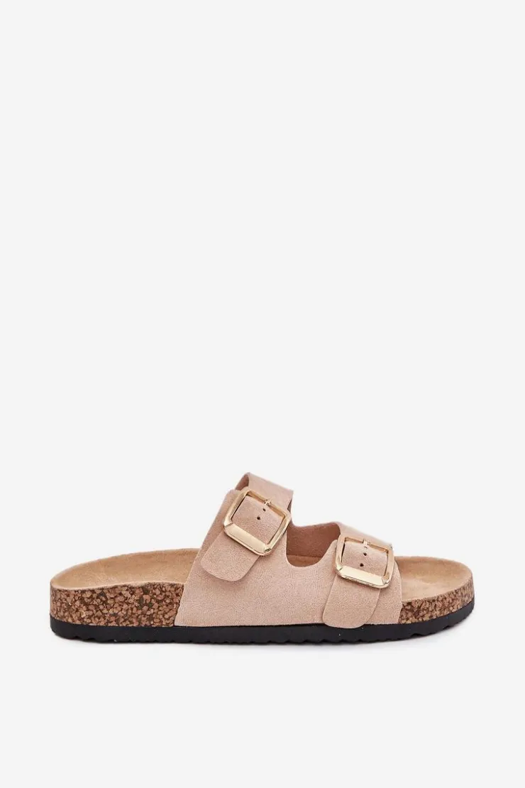 Outlet Boto Klapki Damskie Z Eko Zamszu Złote Klamry Beżowe Vorella