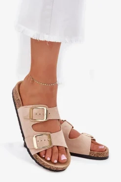 Outlet Boto Klapki Damskie Z Eko Zamszu Złote Klamry Beżowe Vorella