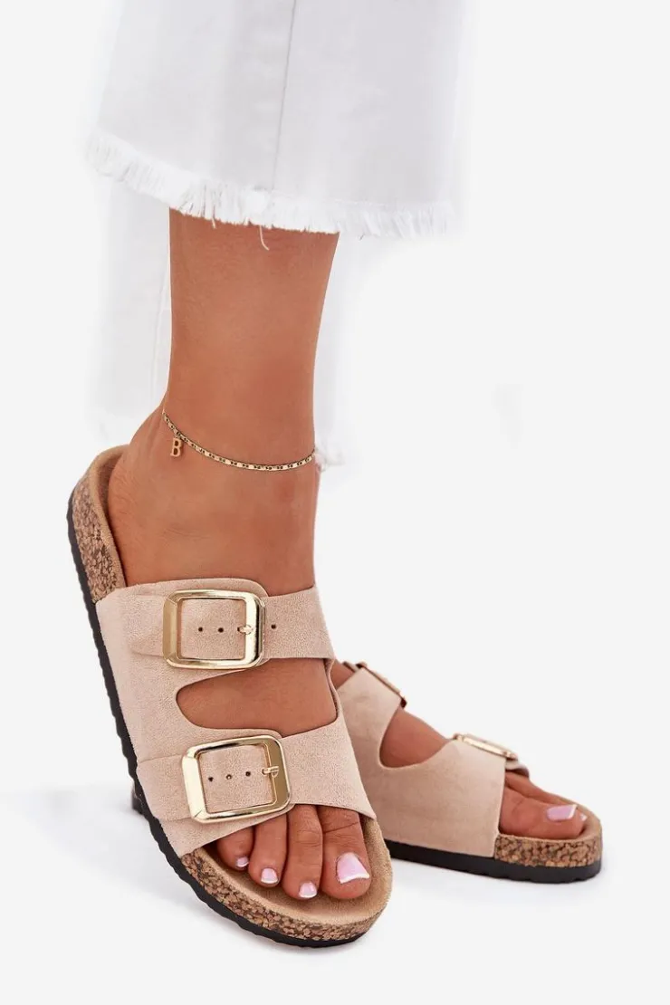 Outlet Boto Klapki Damskie Z Eko Zamszu Złote Klamry Beżowe Vorella