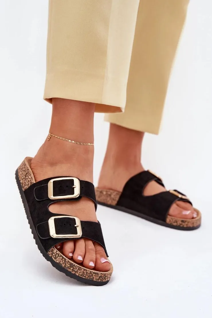 Damskie Boto Klapki Damskie Z Eko Zamszu Złote Klamry Czarne Vorella