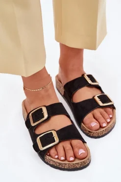 Damskie Boto Klapki Damskie Z Eko Zamszu Złote Klamry Czarne Vorella