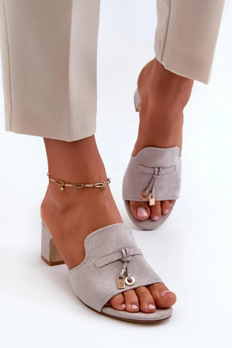 New Boto Klapki Damskie Z Eko Zamszu Na Obcasie Szare Jemenna Szary