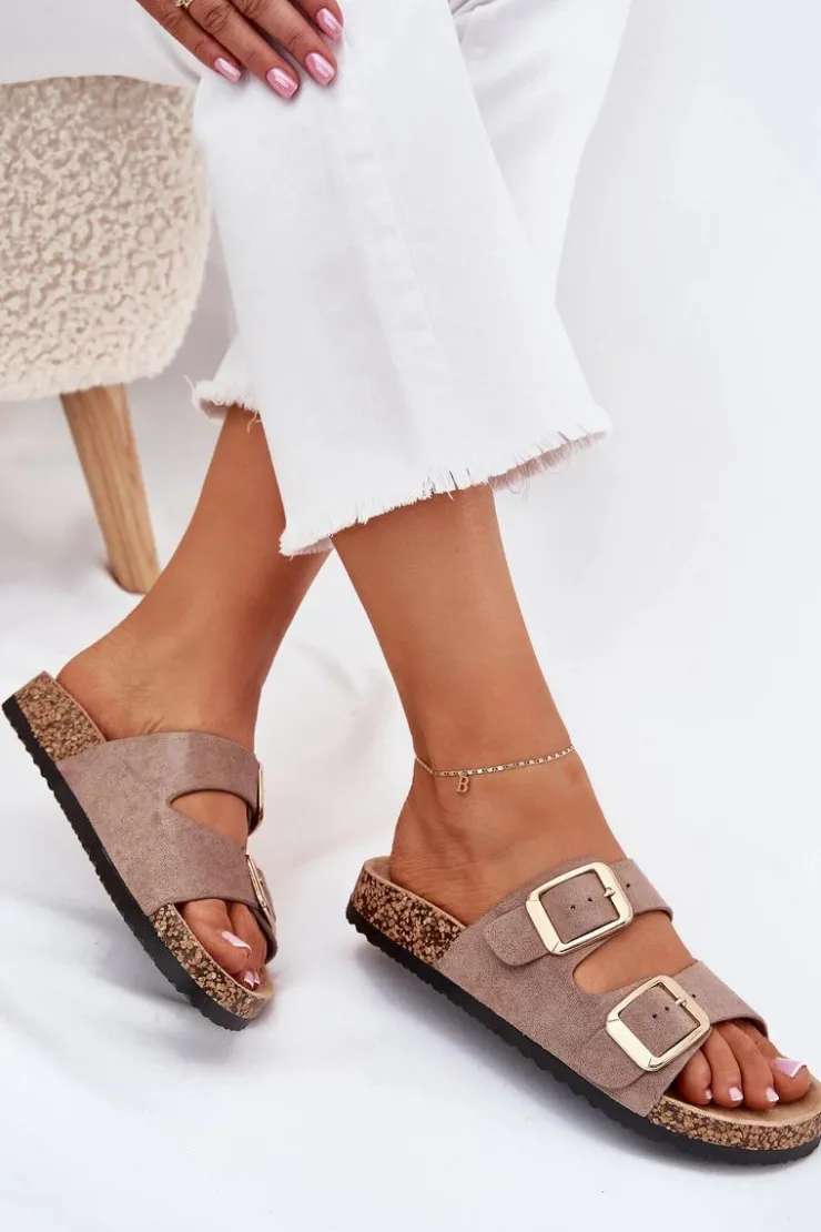 Boto Klapki Korkowe|Klapki Na Platformie*Klapki Damskie Z Eko Zamszu Złote Klamry Ciemnobeżowe Vorella