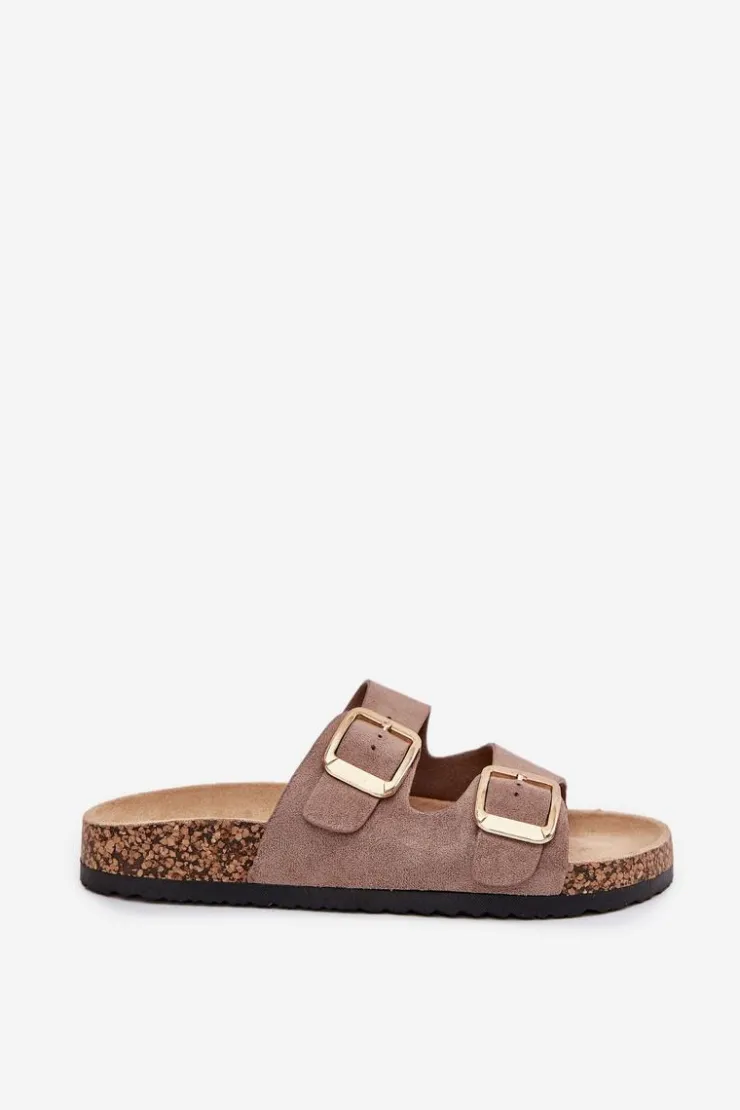 Boto Klapki Korkowe|Klapki Na Platformie*Klapki Damskie Z Eko Zamszu Złote Klamry Ciemnobeżowe Vorella