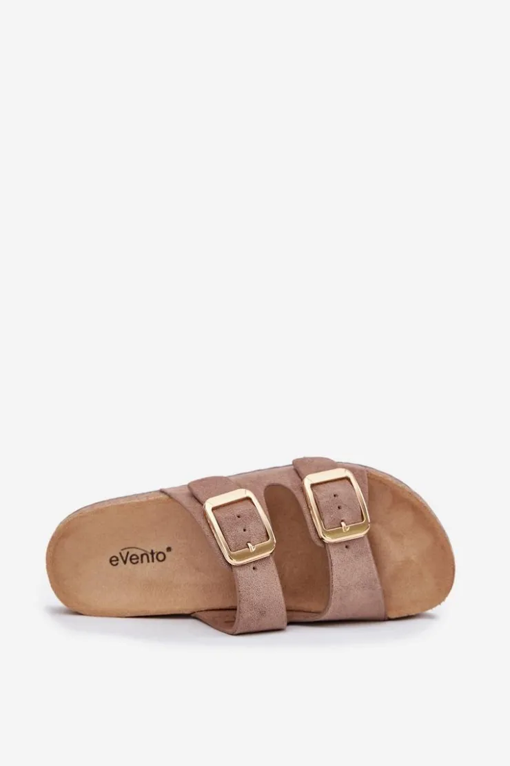 Boto Klapki Korkowe|Klapki Na Platformie*Klapki Damskie Z Eko Zamszu Złote Klamry Ciemnobeżowe Vorella