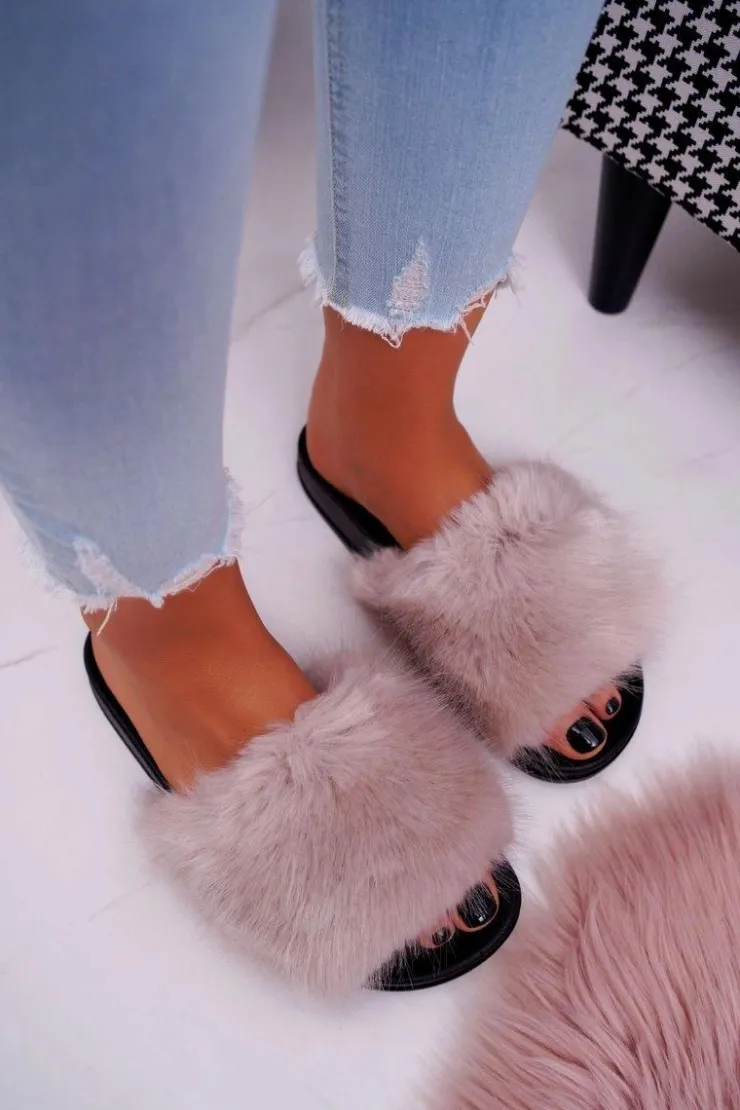 Outlet Boto Klapki Damskie z Futerkiem Beżowe NiceFur