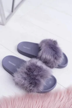 Boto Klapki Z Futerkiem|Klapki Damskie Klasyczne*Klapki Damskie Z Futerkiem Ciemnoszare Fur