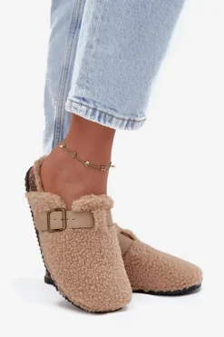Sale Boto Klapki Damskie Z Futerkiem Typu Baranek Beżowe Lorivine Beżowy