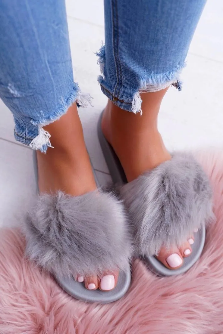 Damskie Boto Klapki Damskie Z Futerkiem Szare Fur