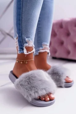 Online Boto Klapki Damskie z Futerkiem Jasno Szare NiceFur