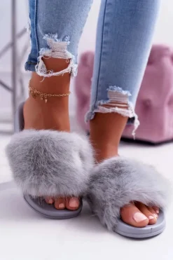 Online Boto Klapki Damskie z Futerkiem Jasno Szare NiceFur