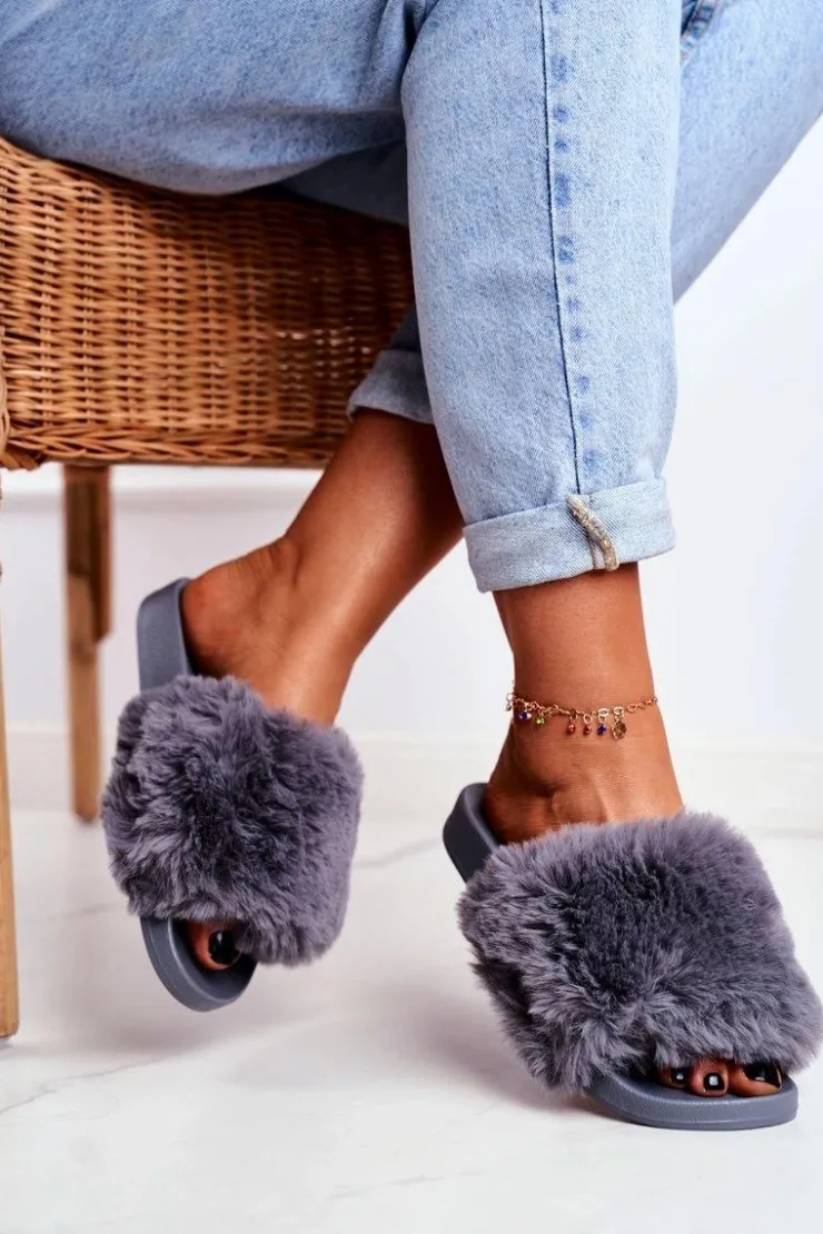Damskie Boto Klapki Damskie Z Futerkiem Szare Sensitive