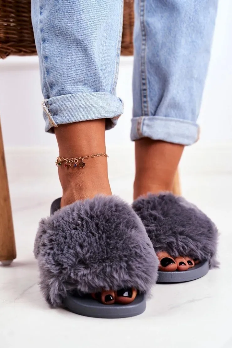Damskie Boto Klapki Damskie Z Futerkiem Szare Sensitive