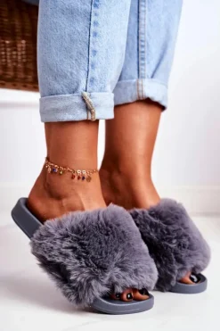 Damskie Boto Klapki Damskie Z Futerkiem Szare Sensitive