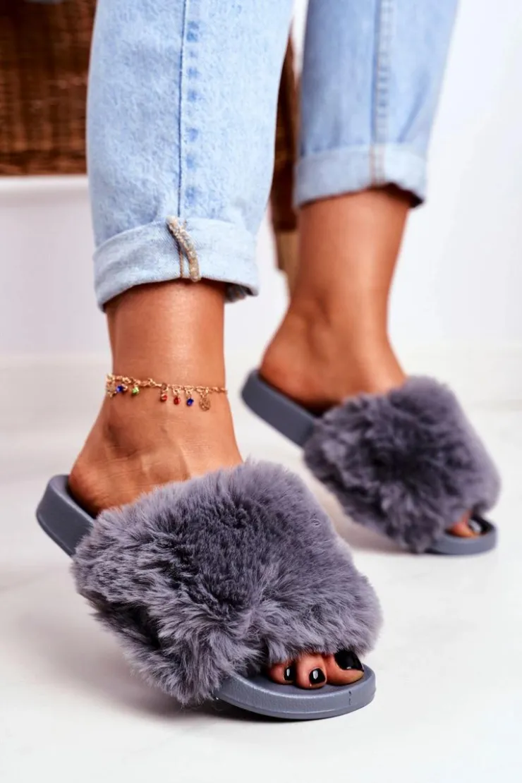 Damskie Boto Klapki Damskie Z Futerkiem Szare Sensitive