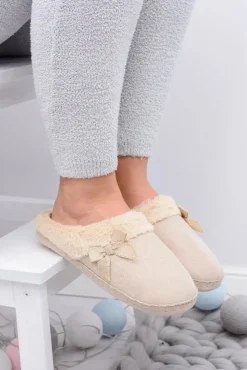 Damskie Boto Klapki Damskie Z Futerkiem I Kokardką SOXO Beżowe