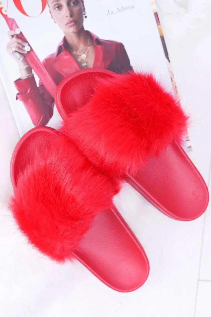 Sale Boto Klapki Damskie Z Futerkiem Czerwone Fur
