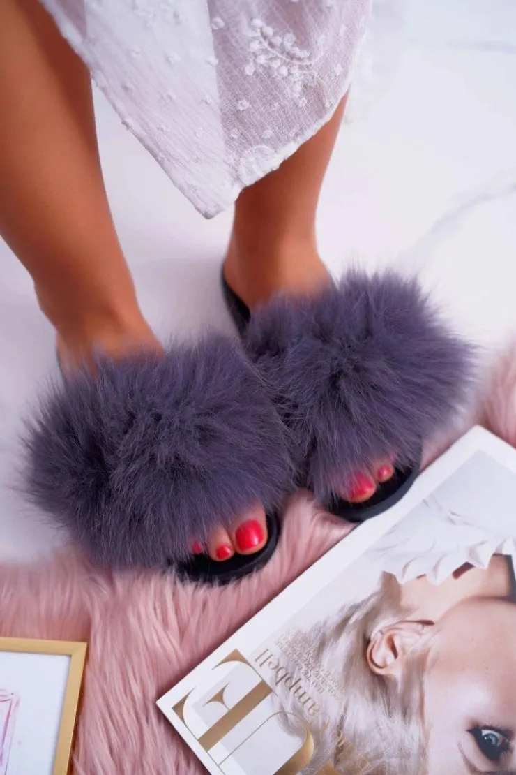 Damskie Boto Klapki Damskie Z Futerkiem Szare Mellow