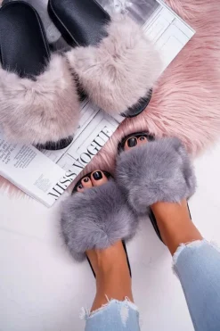 Boto Klapki Z Futerkiem|Klapki Damskie Klasyczne*Klapki Damskie z Futerkiem Szaro Czarne NiceFur