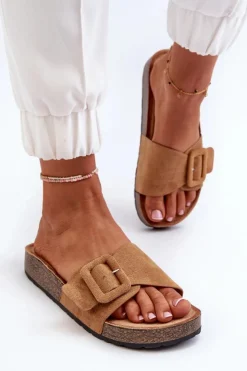 Best Boto Klapki Damskie Z Klamrą Eko Zamszowe Camel Laeltia