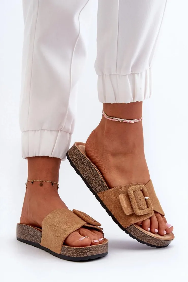 Best Boto Klapki Damskie Z Klamrą Eko Zamszowe Camel Laeltia