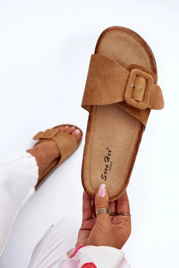 Best Boto Klapki Damskie Z Klamrą Eko Zamszowe Camel Laeltia