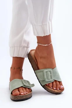 Damskie Boto Klapki Damskie Z Klamrą Eko Zamszowe Miętowe Laeltia