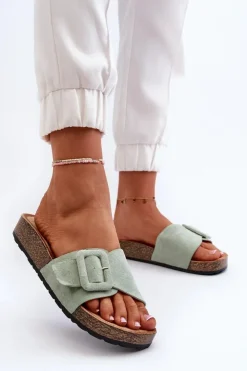 Damskie Boto Klapki Damskie Z Klamrą Eko Zamszowe Miętowe Laeltia