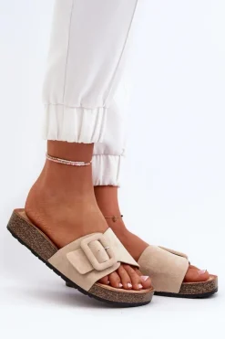 Clearance Boto Klapki Damskie Z Klamrą Eko Zamszowe Beżowe Laeltia