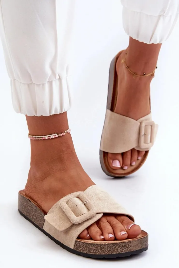 Clearance Boto Klapki Damskie Z Klamrą Eko Zamszowe Beżowe Laeltia