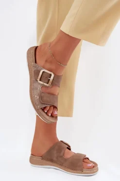 INBLU Klapki Na Platformie|Klapki Damskie Klasyczne*Klapki Damskie Z Klamrą I Rzepem MK000013 Brązowe Brązowy