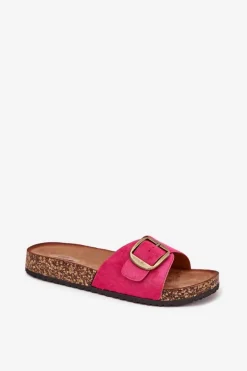 New Boto Klapki Damskie Z Klamrą Na Korkowej Platformie Fuksja Zavira Różowy