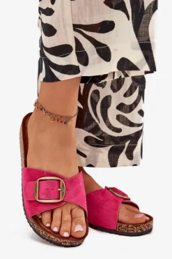 New Boto Klapki Damskie Z Klamrą Na Korkowej Platformie Fuksja Zavira Różowy