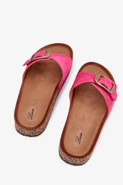 New Boto Klapki Damskie Z Klamrą Na Korkowej Platformie Fuksja Zavira Różowy