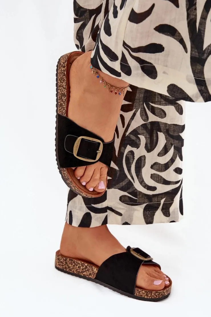 Hot Boto Klapki Damskie Z Klamrą Na Korkowej Platformie Czarne Zavira Czarny