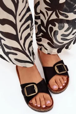 Hot Boto Klapki Damskie Z Klamrą Na Korkowej Platformie Czarne Zavira Czarny