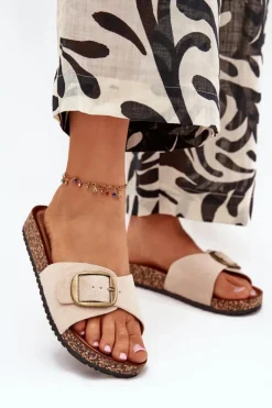 Outlet Boto Klapki Damskie Z Klamrą Na Korkowej Platformie Beżowe Zavira