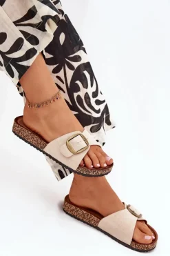 Outlet Boto Klapki Damskie Z Klamrą Na Korkowej Platformie Beżowe Zavira