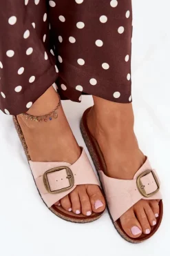 Damskie Boto Klapki Damskie Z Klamrą Na Korkowej Platformie Różowe Zavira